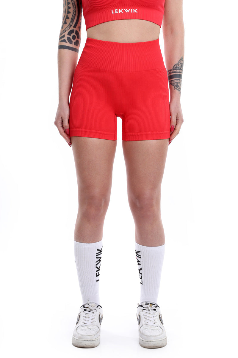 Coral red ribbed CIRCE high-waisted shorts