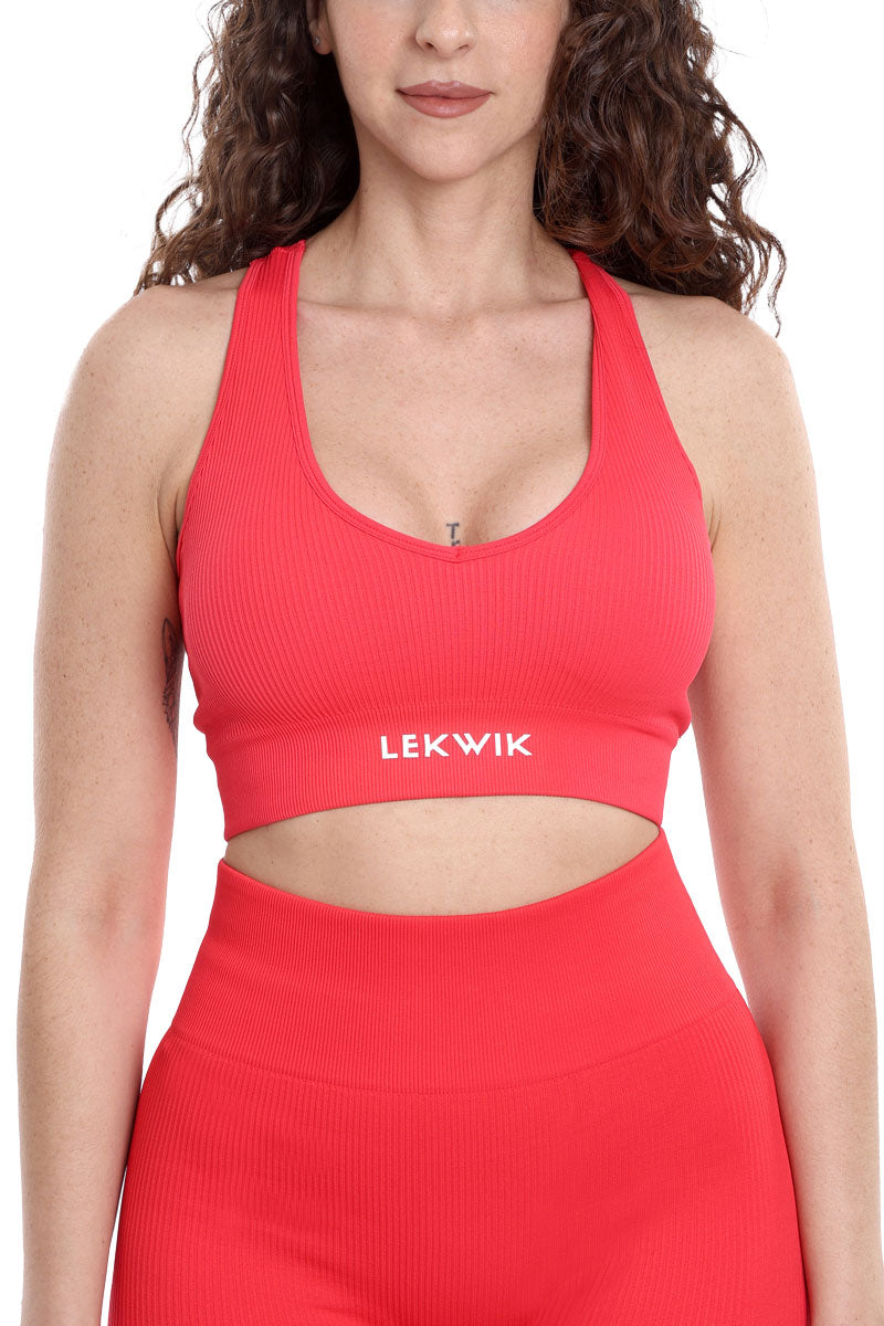 CIRCE coral red ribbed sports top